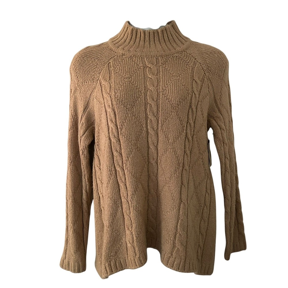 St. Johns Bay Womens Mock Neck Cable Knit Camel Long Sweater L Large New